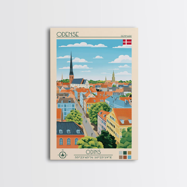 Odense Denmark Travel Poster Framed Canvas Print, Midcentury Modern Art, Pop Art Wall Decor, Scenic Wall Art, Living Room Decoration, Office Art
