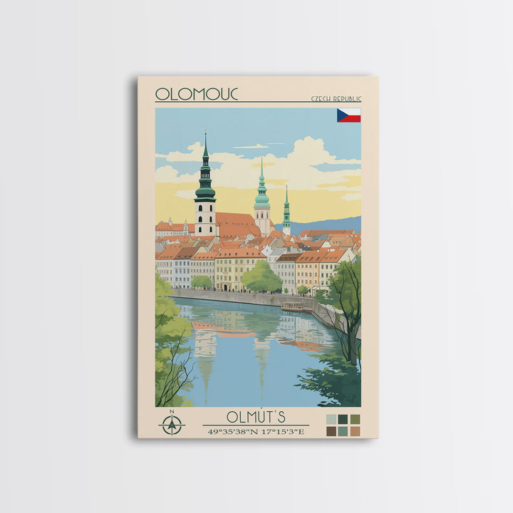 Olomouc Czech Republic Travel Poster Framed Canvas Print, Midcentury Modern Art, Pop Art Wall Decor, Scenic Wall Art, Living Room Decoration, Office Gift