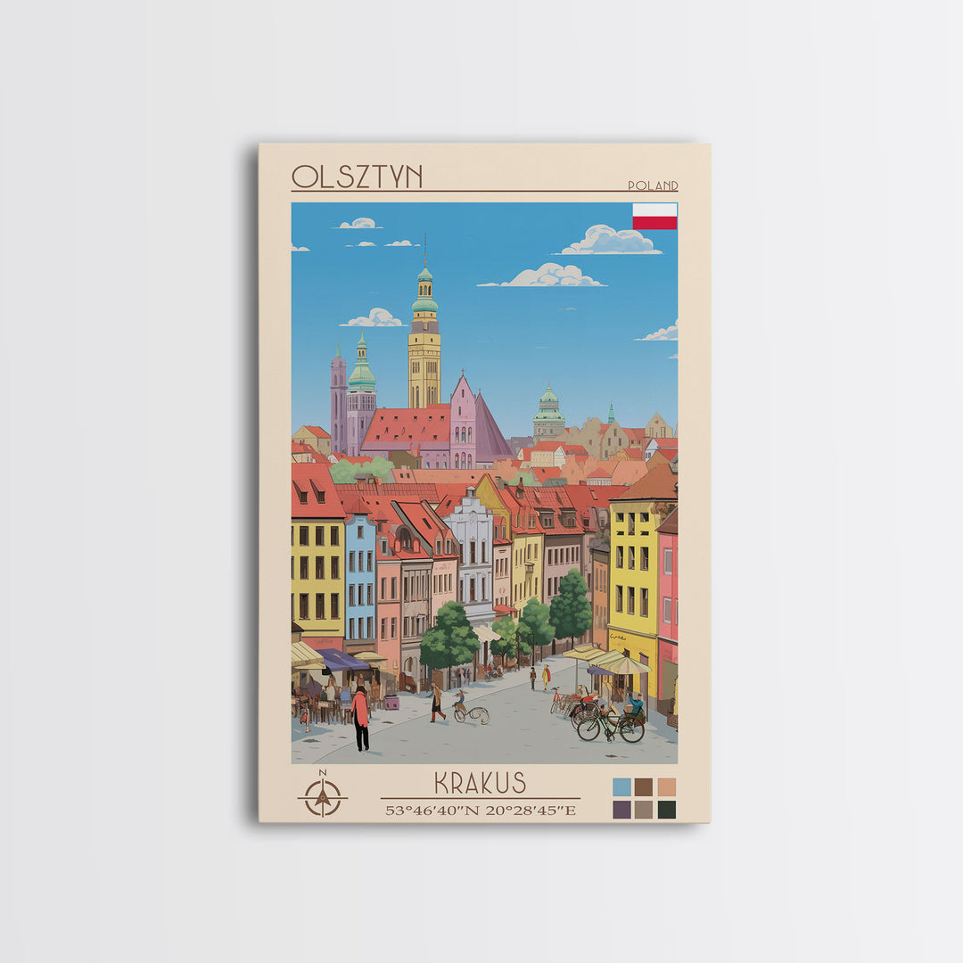 Olsztyn Poland Travel Poster Framed Canvas Print, Midcentury Modern Art, Pop Art Wall Decor, Scenic Wall Art, Bedroom Decoration