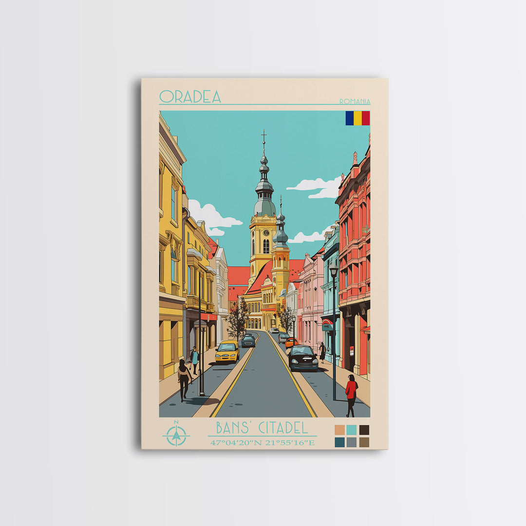 Oradea Romania Travel Poster Framed Canvas Print, Midcentury Modern Art, Pop Art Wall Decor, Scenic Bedroom Art, Office Decoration