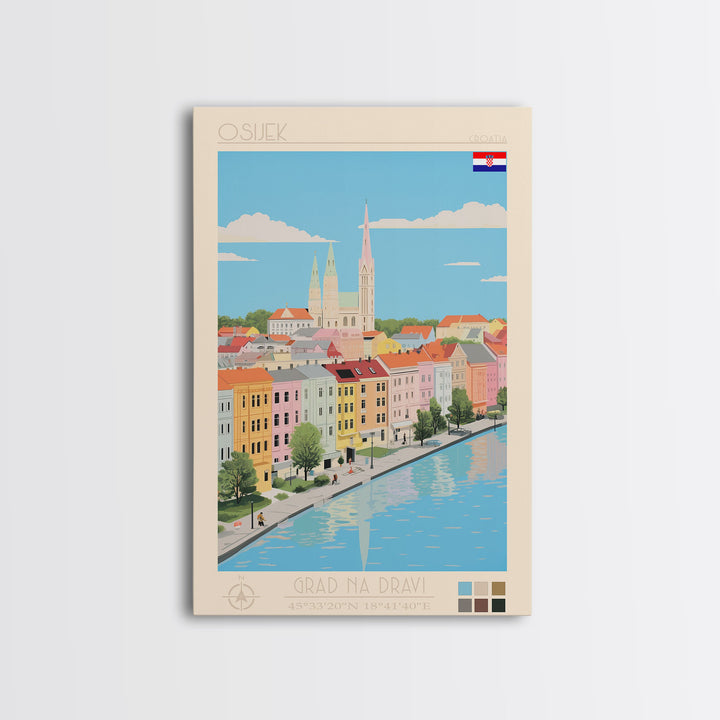 Osijek Croatia Travel Poster Framed Canvas Print, Midcentury Modern Art, Pop Art Wall Decor, Home Decor, Vacation Gift, Office Art