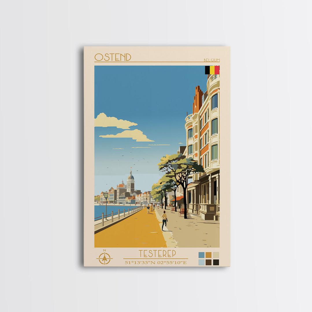 Ostend Belgium Travel Poster Framed Canvas Print, Midcentury Modern Art, Pop Art Wall Decor, Scenic Wall Art, Living Room Decoration, Office Art