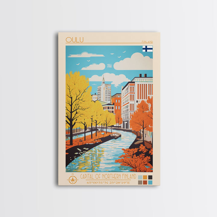 Oulu Finland Travel Poster Framed Canvas Print, Midcentury Modern Art, Pop Art Wall Decor, Scenic Wall Art, Living Room Decoration, Office Gift