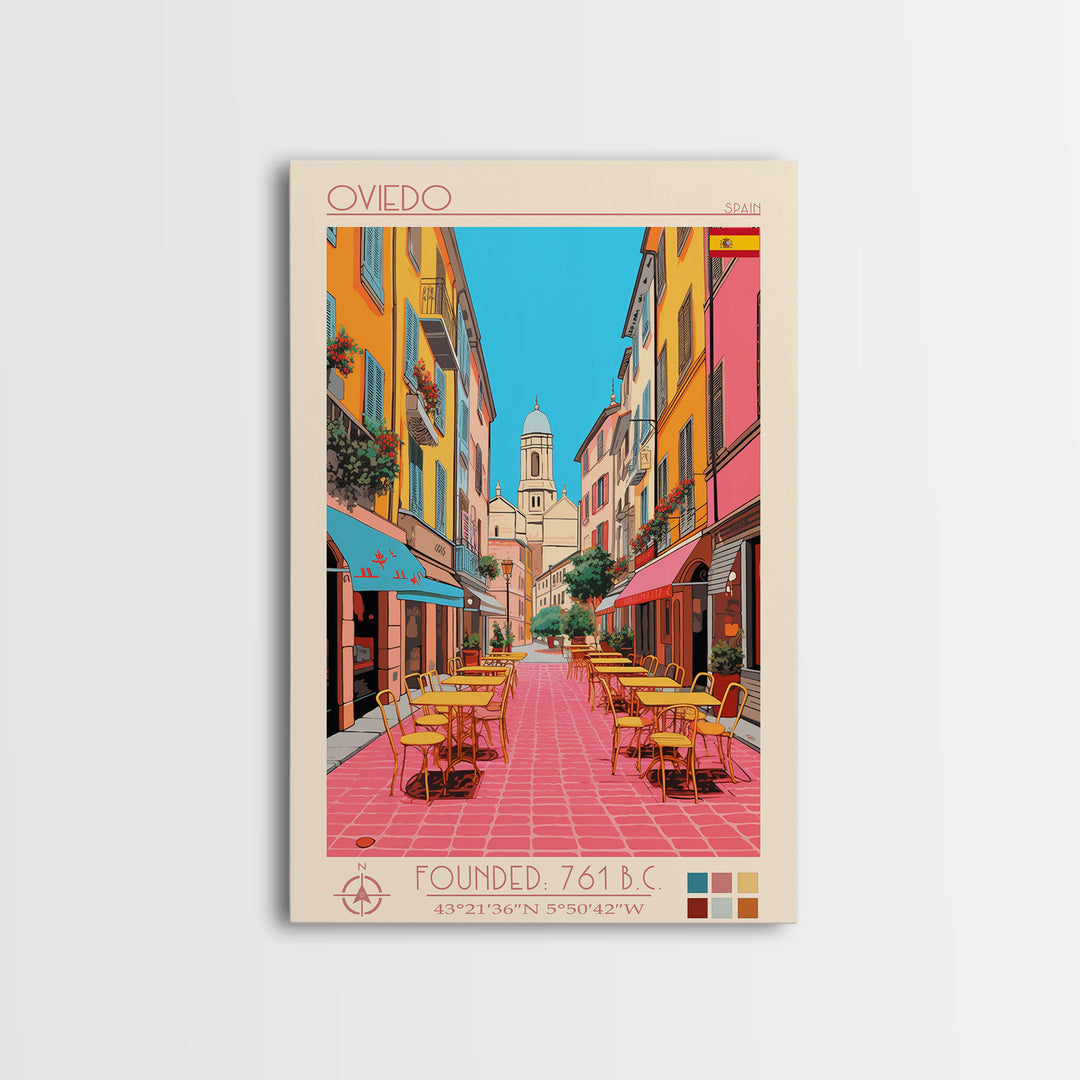 Oviedo Spain Travel Poster Framed Canvas Print, Midcentury Modern Art, Pop Art Wall Decor, Scenic Wall Art, Bedroom Decoration