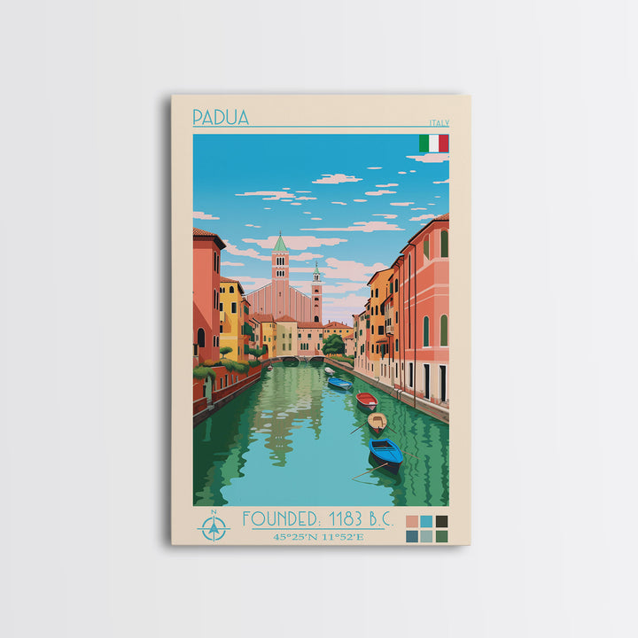 Padua Italy Travel Poster Framed Canvas Print, Midcentury Modern Art, Pop Art Wall Decor, Scenic Bedroom Art, Office Decoration