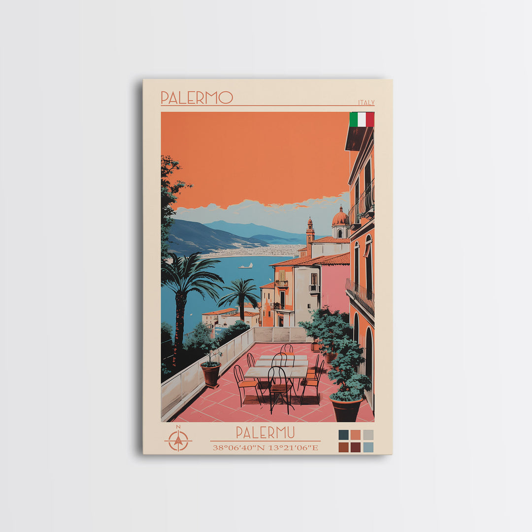Palermo Italy Travel Poster Framed Canvas Print, Midcentury Modern Art, Pop Art Wall Decor, Scenic Living Room Art, Bedroom Decor