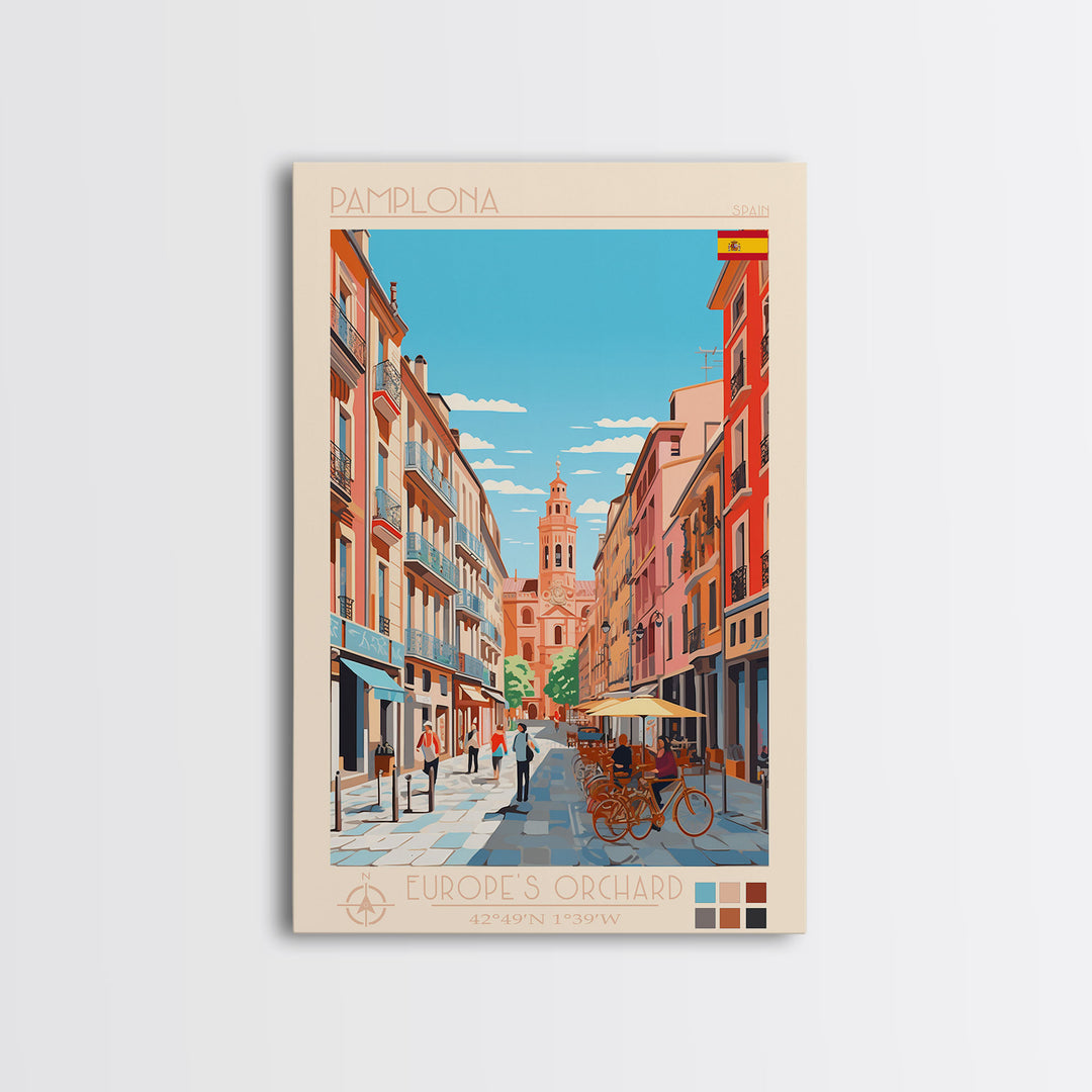 Pamplona Spain Travel Poster Framed Canvas Print, Midcentury Modern Art, Pop Art Wall Decor, Home Decor, Vacation Gift, Office Art