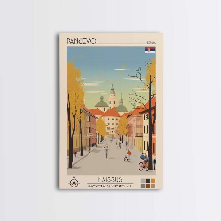 Pančevo Serbia Travel Poster Framed Canvas Print, Midcentury Modern Art, Pop Art Wall Decor, Scenic Wall Art, Living Room Decoration, Office Art