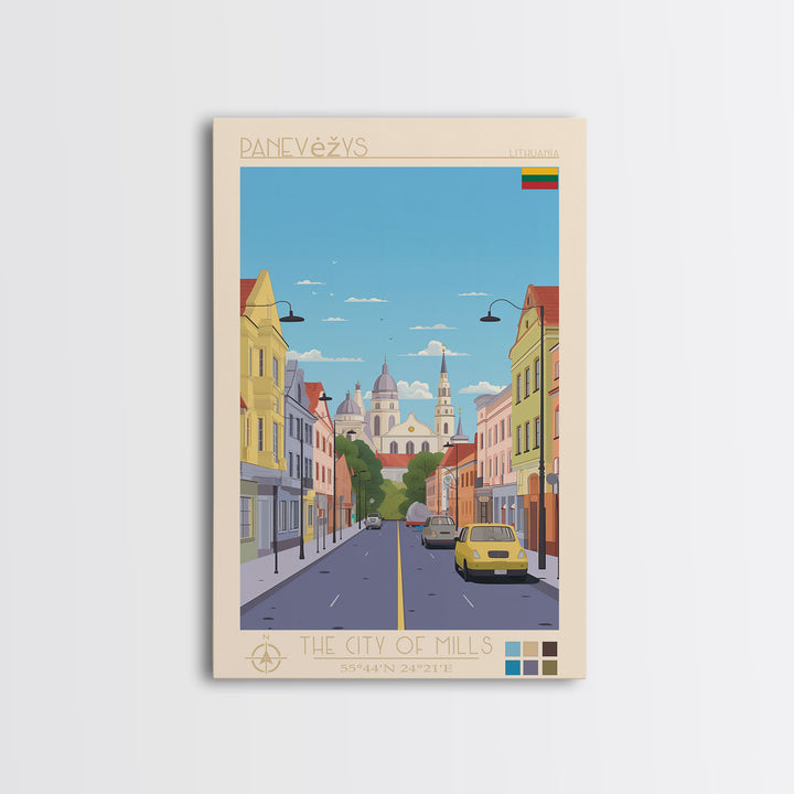 Panevėžys Lithuania Travel Poster Framed Canvas Print, Midcentury Modern Art, Pop Art Wall Decor, Scenic Living Room Art, Bedroom Gift