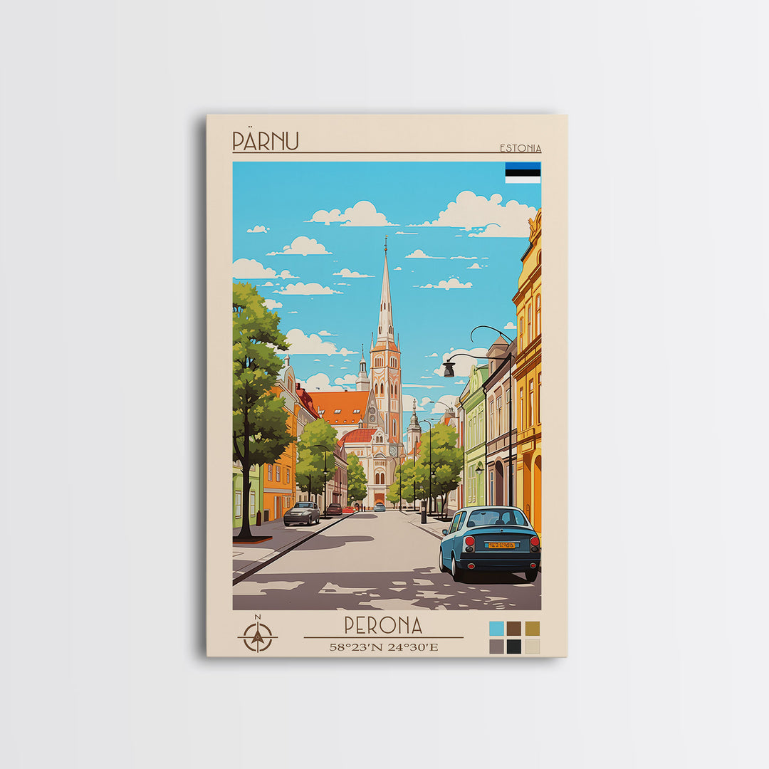 Pärnu Estonia Travel Poster Framed Canvas Print, Midcentury Modern Art, Pop Art Wall Decor, Scenic Wall Art, Bedroom Decoration