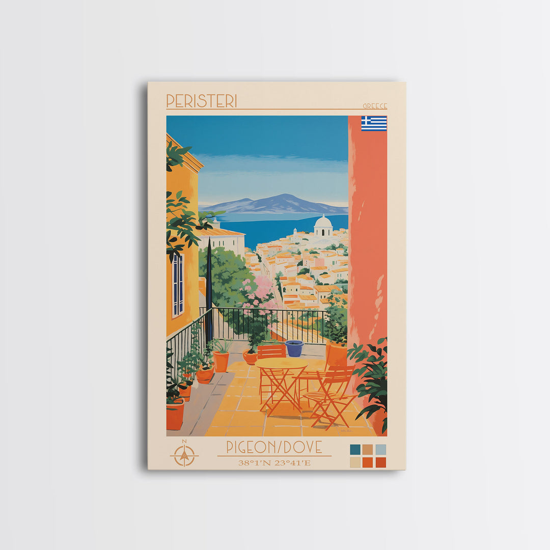 Peristeri Greece Travel Poster Framed Canvas Print, Midcentury Modern Art, Pop Art Wall Decor, Scenic Bedroom Art, Office Decoration