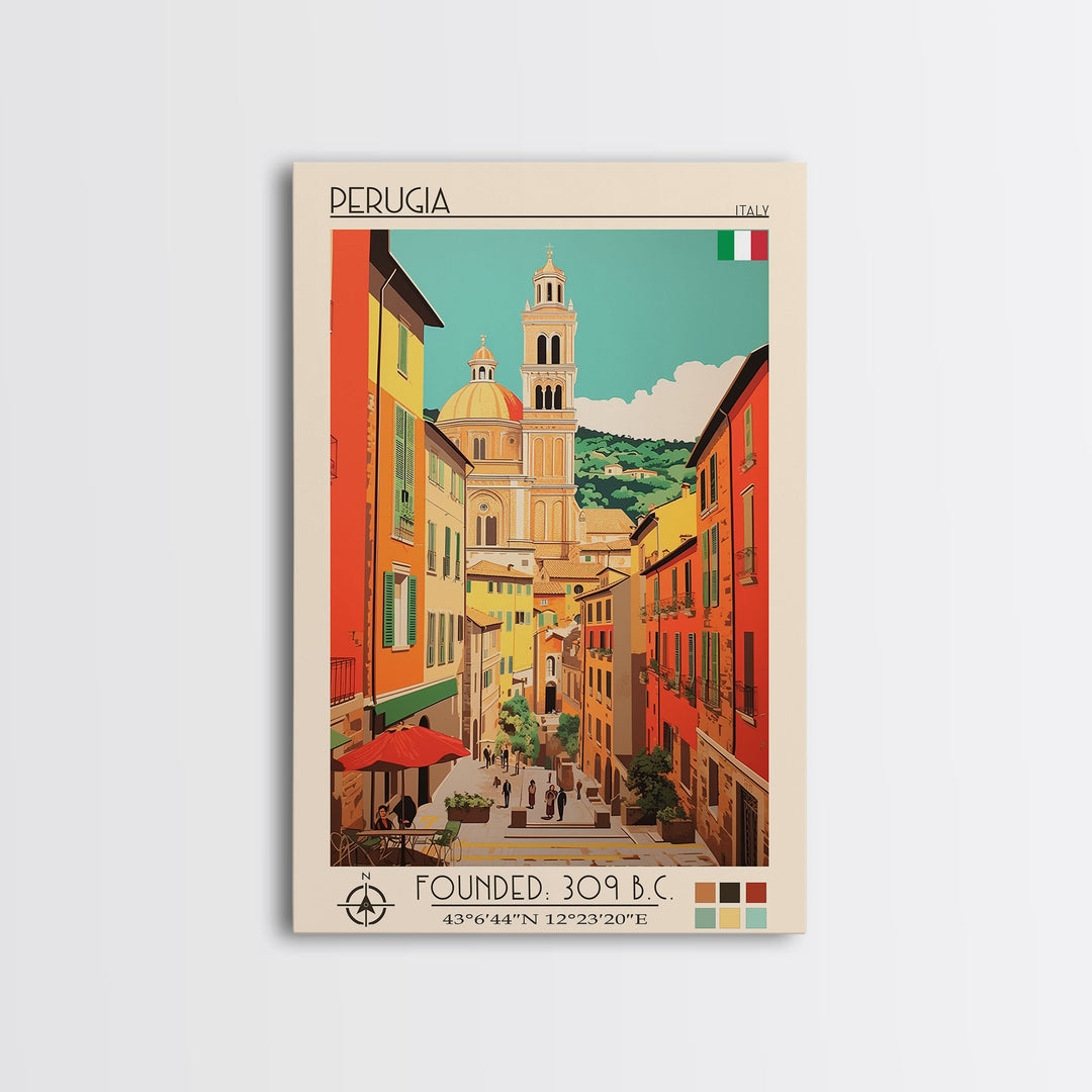 Perugia Italy Travel Poster Framed Canvas Print, Vintage Style, Pop Art Home Decor, Scenic Wall Art, Bedroom Decoration, Office Gift