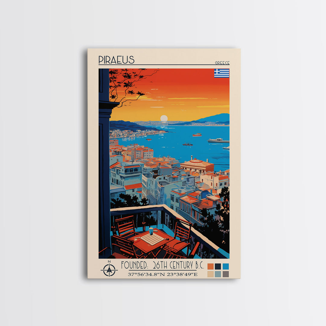 Piraeus Greece Travel Poster Framed Canvas Print, Midcentury Modern Art, Pop Art Wall Decor, Scenic Wall Art, Living Room Decoration, Office Art