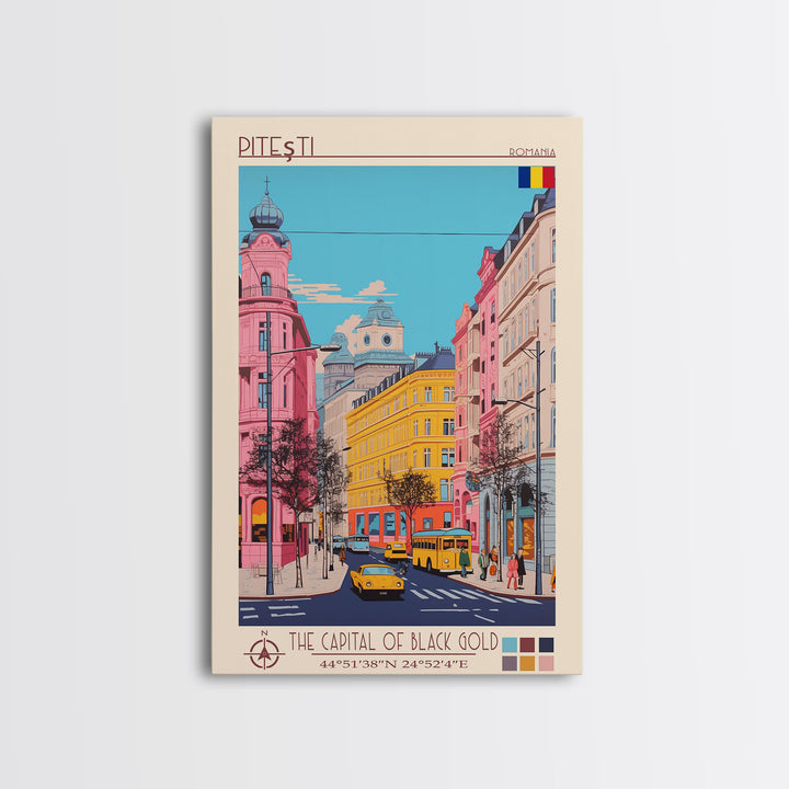 Pitești Romania Travel Poster Framed Canvas Print, Midcentury Modern Art, Pop Art Wall Decor, Home Decor, Vacation Gift, Bedroom Art
