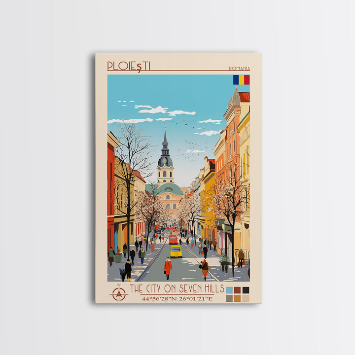 Ploiești Romania Travel Poster Framed Canvas Print, Midcentury Modern Art, Pop Art Wall Decor, Scenic Wall Art, Bedroom Decoration