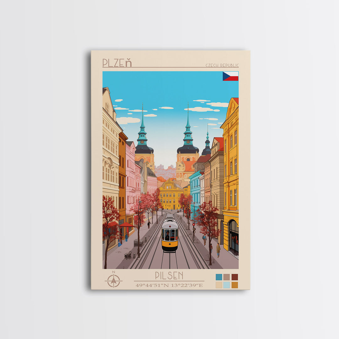 Plzeň Czech Republic Travel Poster Framed Canvas Print, Midcentury Modern Art, Pop Art Wall Decor, Scenic Living Room Art, Bedroom Decor