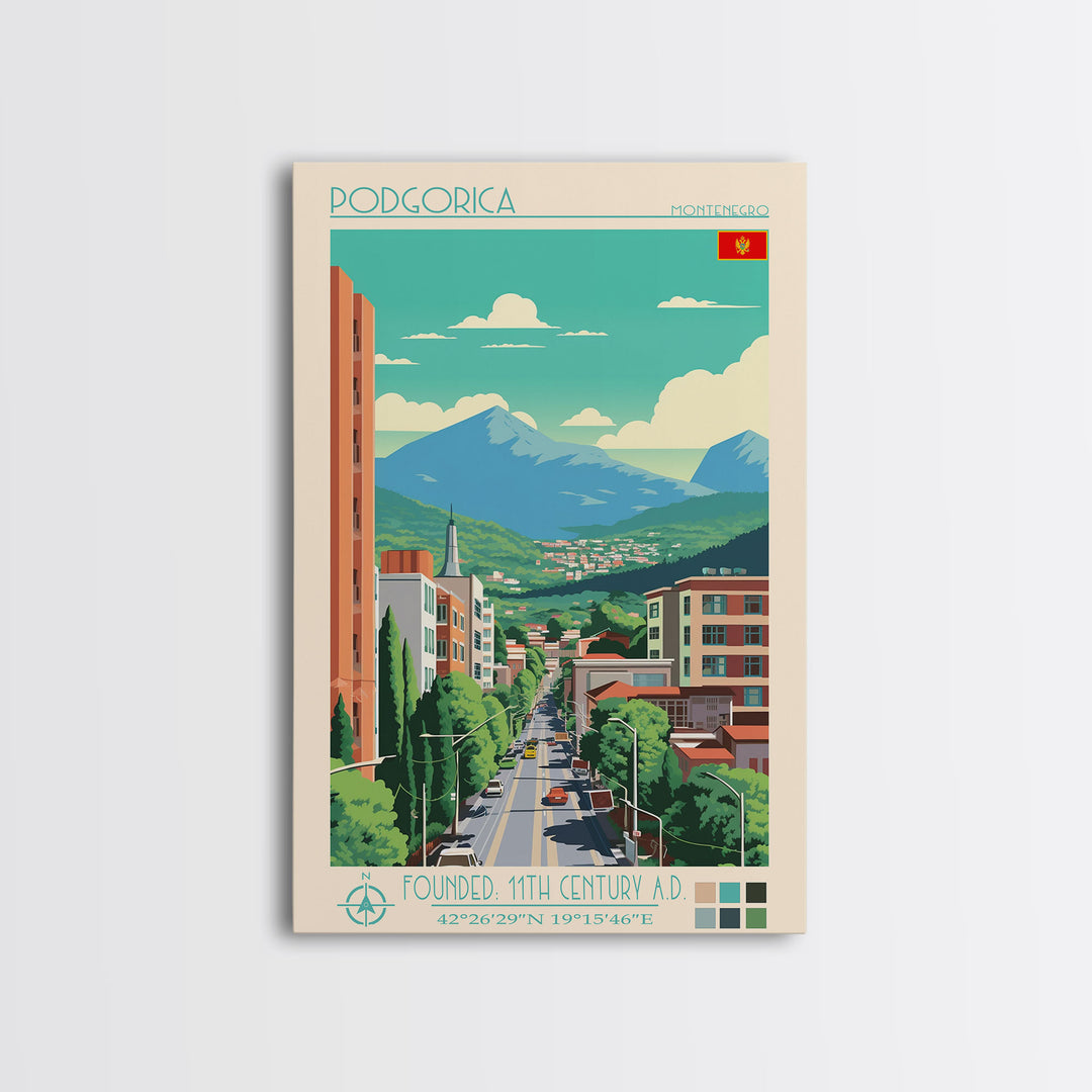 Podgorica Montenegro Travel Poster Framed Canvas Print, Vintage Style, Pop Art Home Decor, Scenic Wall Art, Bedroom Decoration, Office Gift