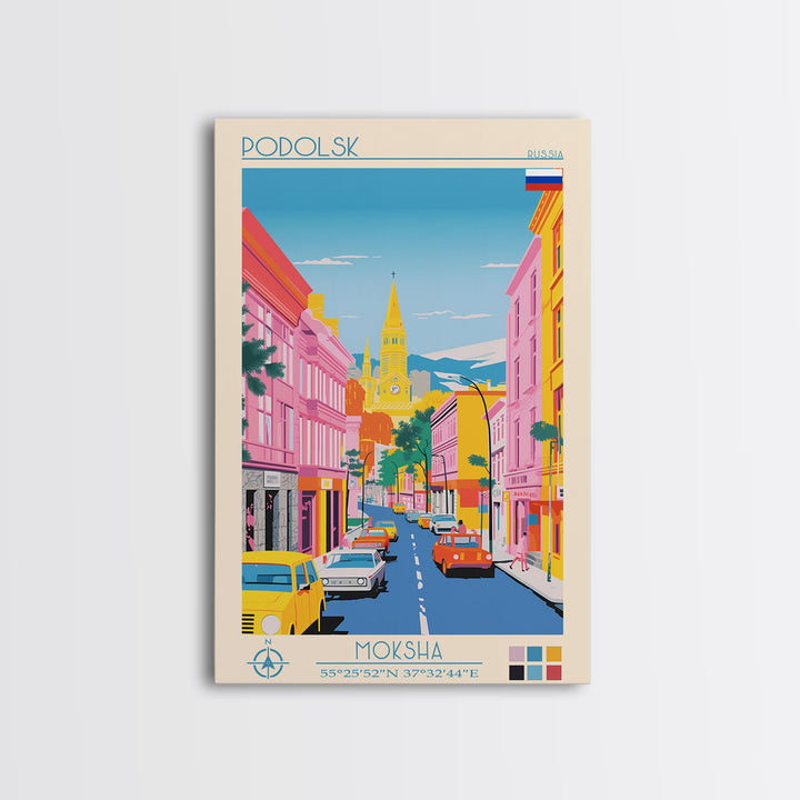 Podolsk Russia Travel Poster Framed Canvas Print, Midcentury Modern Art, Pop Art Wall Decor, Home Decor, Vacation Gift, Office Art