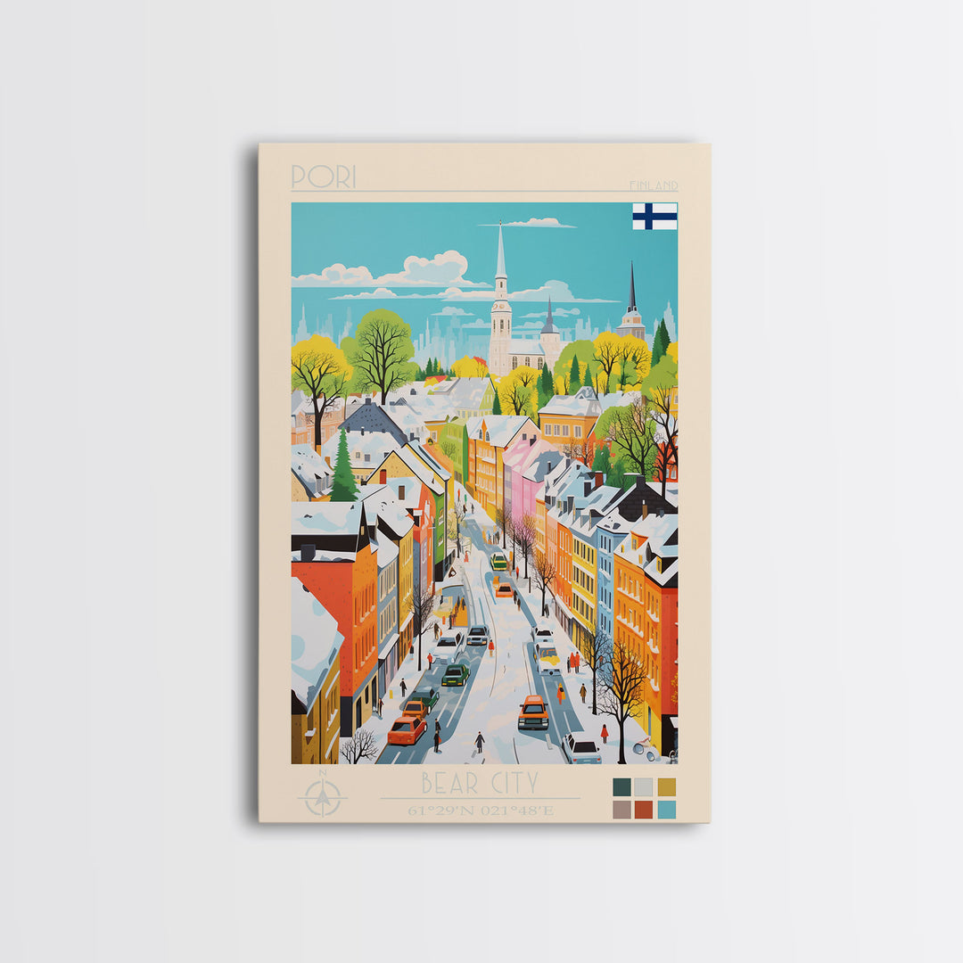 Pori Finland Travel Poster Framed Canvas Print, Midcentury Modern Art, Pop Art Wall Decor, Home Decor, Vacation Gift, Bedroom Art