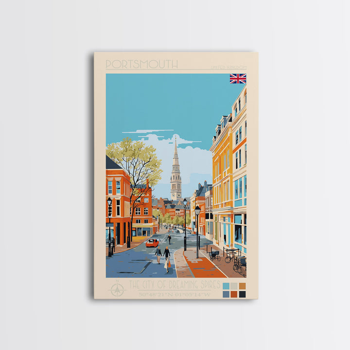 Portsmouth United Kingdom Travel Poster Framed Canvas Print, Midcentury Modern Art, Pop Art Wall Decor, Scenic Wall Art, Bedroom Decoration