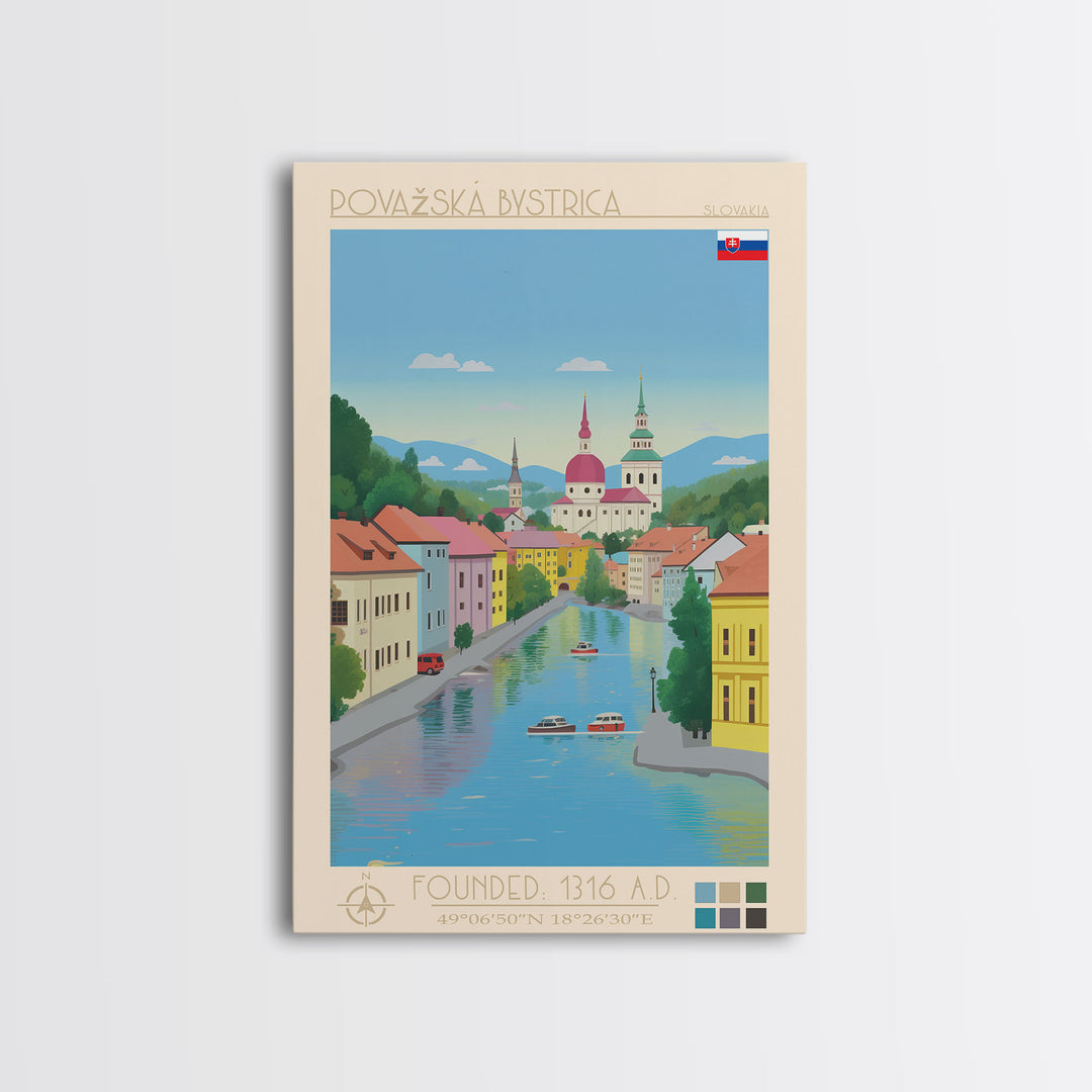 Považská Bystrica Slovakia Travel Poster Framed Canvas Print, Midcentury Modern Art, Pop Art Wall Decor, Scenic Wall Art, Living Room Decoration, Office Art