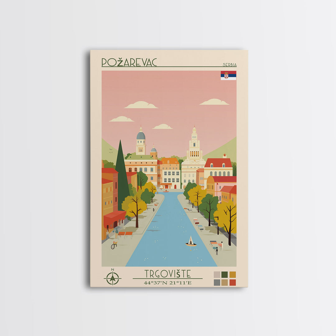 Požarevac Serbia Travel Poster Framed Canvas Print, Midcentury Modern Art, Pop Art Wall Decor, Scenic Living Room Art, Bedroom Decor