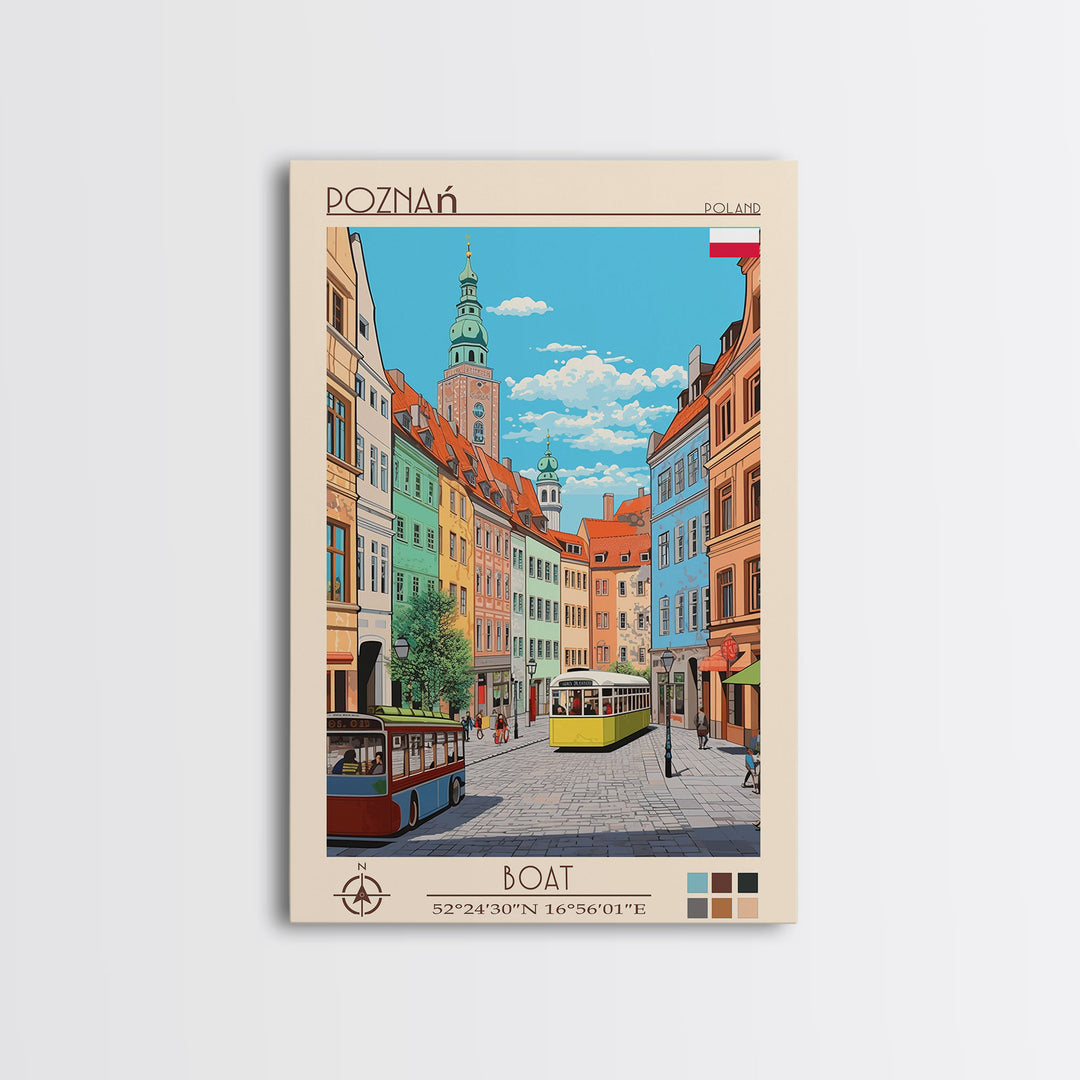 Poznań Poland Travel Poster Framed Canvas Print, Midcentury Modern Art, Pop Art Wall Decor, Scenic Bedroom Art, Office Decoration