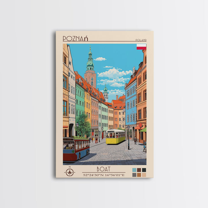 Poznań Poland Travel Poster Framed Canvas Print, Midcentury Modern Art, Pop Art Wall Decor, Scenic Bedroom Art, Office Decoration