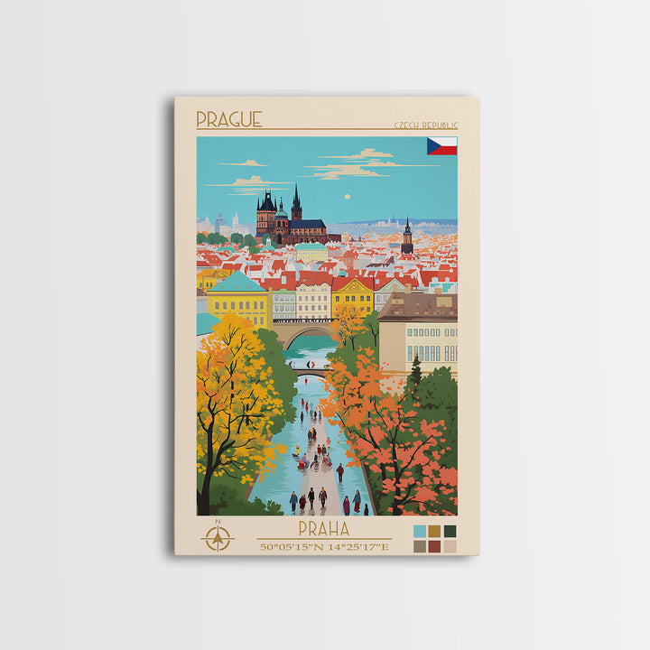 Prague Czech Republic Travel Poster Framed Canvas Print, Vintage Style, Pop Art Home Decor, Scenic Wall Art, Bedroom Decoration, Office Gift