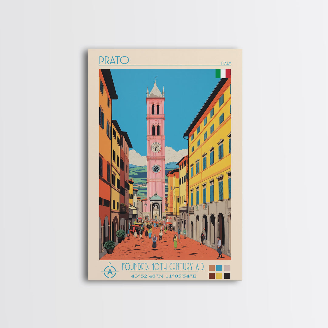 Prato Italy Travel Poster Framed Canvas Print, Midcentury Modern Art, Pop Art Wall Decor, Home Decor, Vacation Gift, Office Art