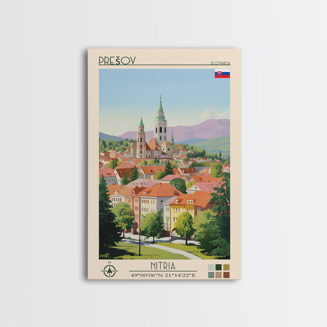 Prešov Slovakia Travel Poster Framed Canvas Print, Midcentury Modern Art, Pop Art Wall Decor, Scenic Living Room Art, Bedroom Gift