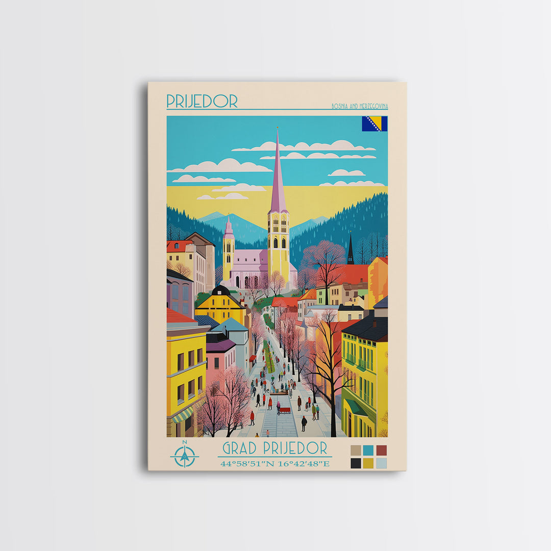 Prijedor Bosnia and Herzegovina Travel Poster Framed Canvas Print, Midcentury Modern Art, Pop Art Wall Decor, Home Decor, Vacation Gift, Bedroom Art