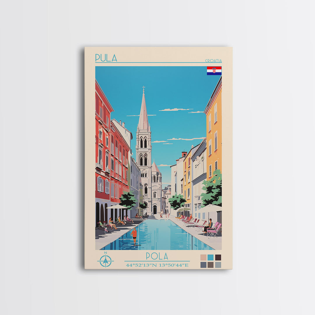 Pula Croatia Travel Poster Framed Canvas Print, Midcentury Modern Art, Pop Art Wall Decor, Scenic Wall Art, Living Room Decoration, Office Gift