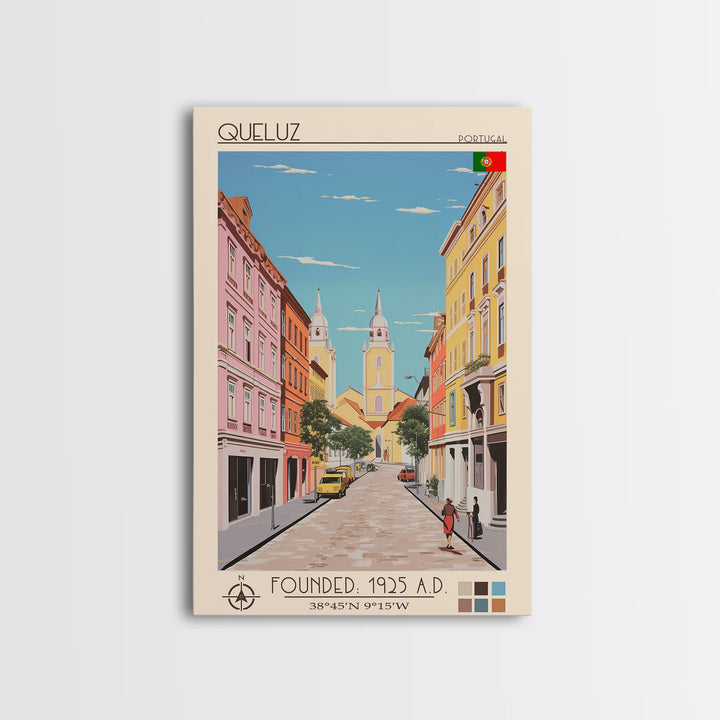 Queluz Portugal Travel Poster Framed Canvas Print, Midcentury Modern Art, Pop Art Wall Decor, Scenic Bedroom Art, Office Decoration