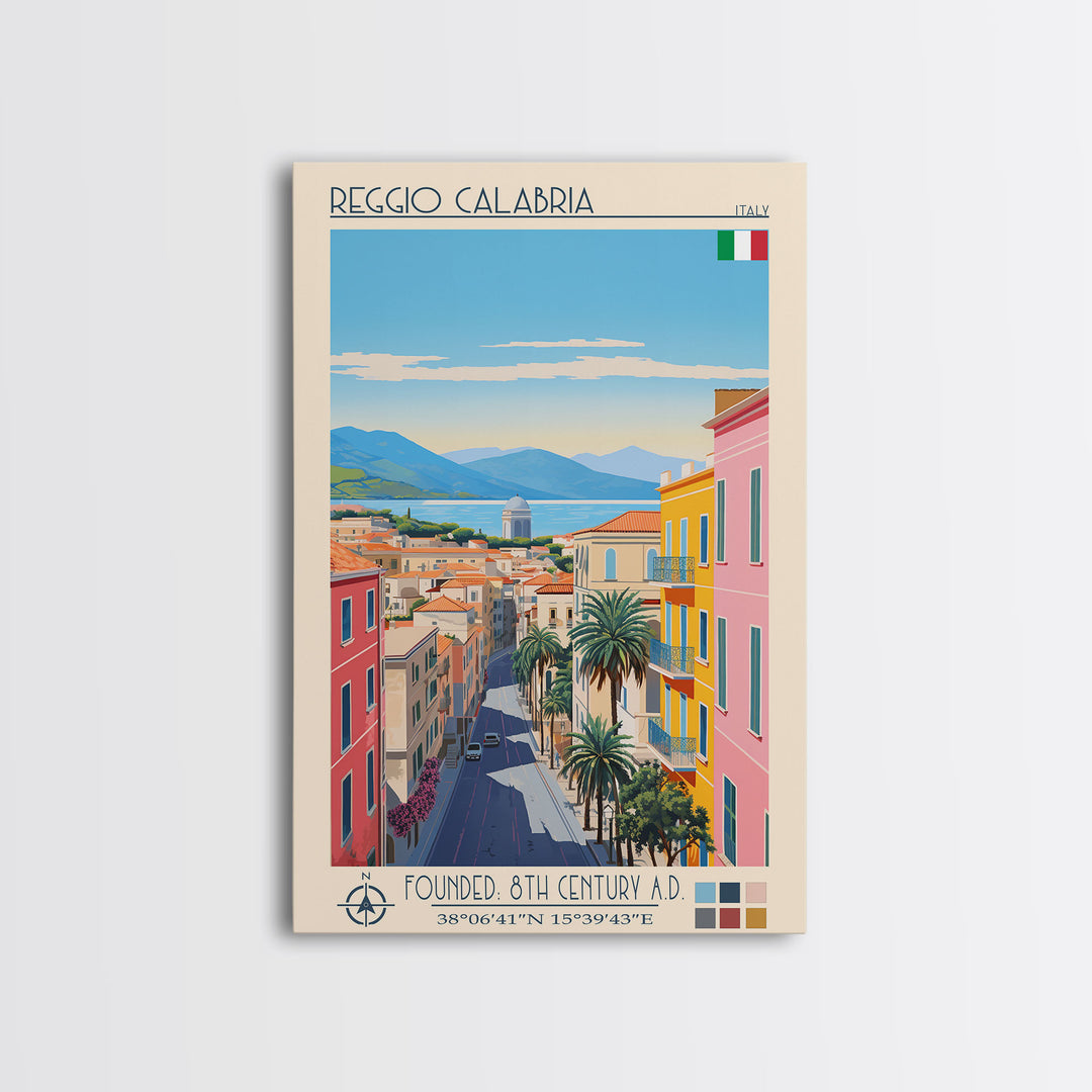 Reggio Calabria Italy Travel Poster Framed Canvas Print, Midcentury Modern Art, Pop Art Wall Decor, Scenic Living Room Art, Bedroom Gift
