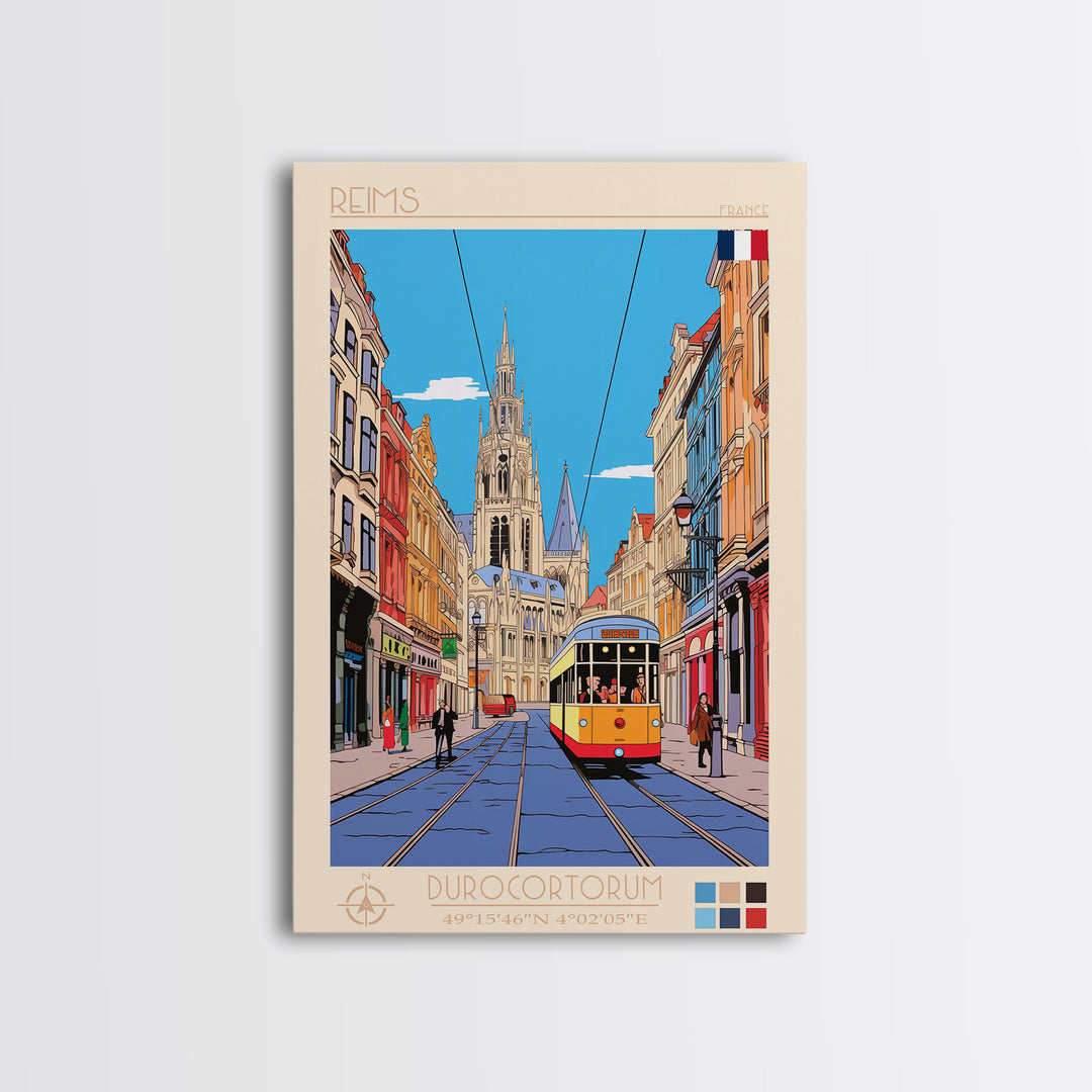 Reims France Travel Poster Framed Canvas Print, Midcentury Modern Art, Pop Art Wall Decor, Home Decor, Vacation Gift, Bedroom Art