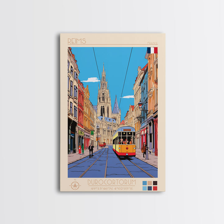 Reims France Travel Poster Framed Canvas Print, Midcentury Modern Art, Pop Art Wall Decor, Home Decor, Vacation Gift, Bedroom Art