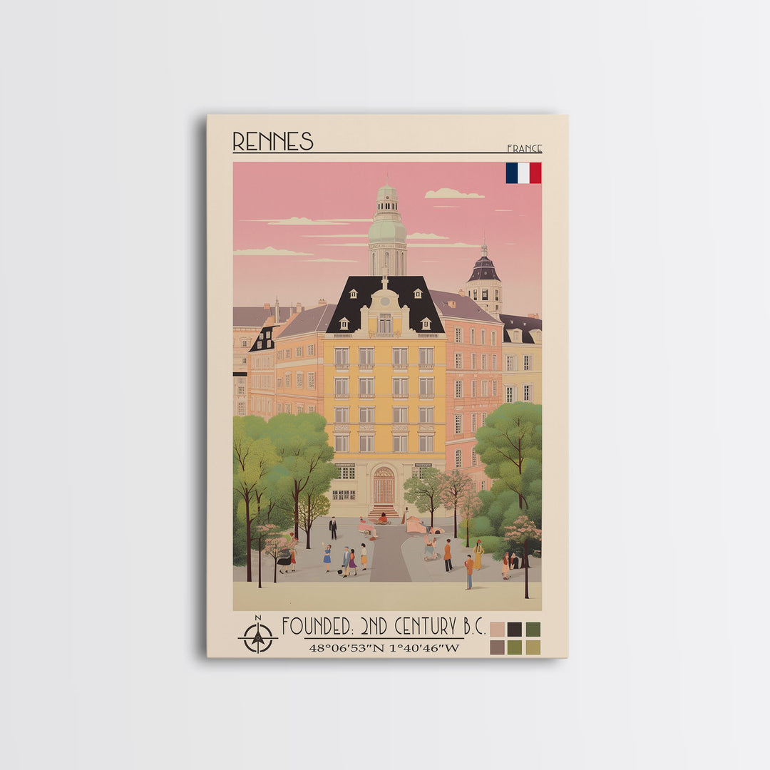 Rennes France Travel Poster Framed Canvas Print, Midcentury Modern Art, Pop Art Wall Decor, Scenic Wall Art, Living Room Decoration, Office Gift