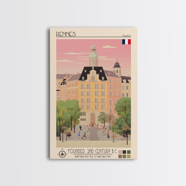 Rennes France Travel Poster Framed Canvas Print, Midcentury Modern Art, Pop Art Wall Decor, Scenic Wall Art, Living Room Decoration, Office Gift