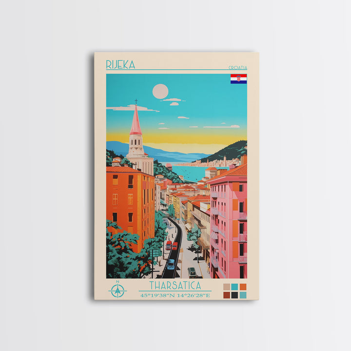 Rijeka Croatia Travel Poster Framed Canvas Print, Midcentury Modern Art, Pop Art Wall Decor, Scenic Wall Art, Living Room Decoration, Office Art