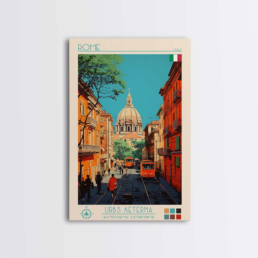 Rome Italy Travel Poster Framed Canvas Print, Midcentury Modern Art, Pop Art Wall Decor, Home Decor, Vacation Gift, Office Art