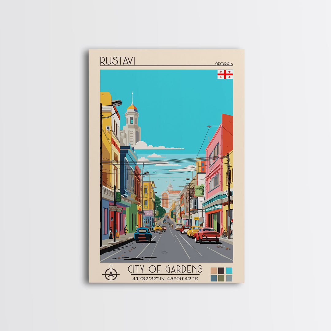 Rustavi Georgia Travel Poster Framed Canvas Print, Midcentury Modern Art, Pop Art Wall Decor, Scenic Wall Art, Bedroom Decoration