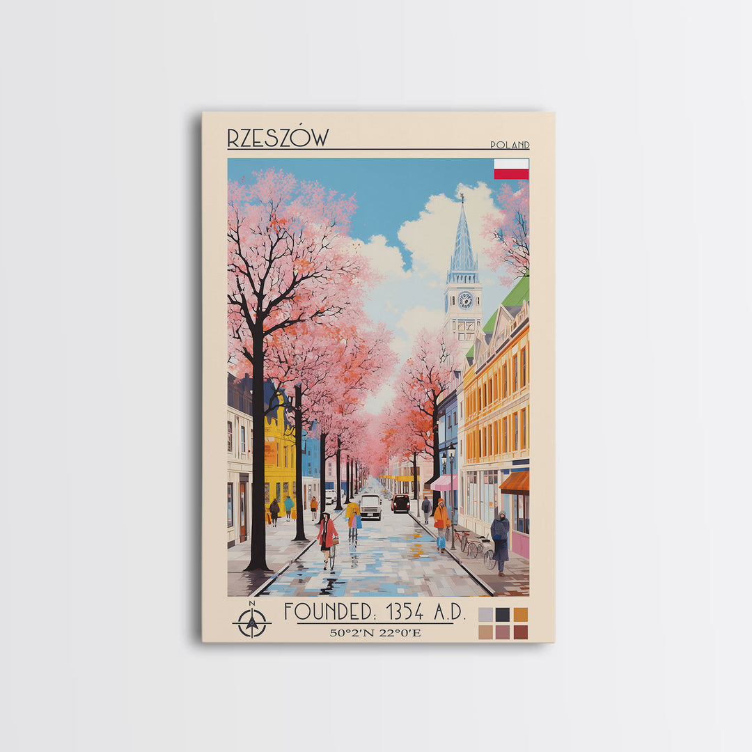 Rzeszów Poland Travel Poster Framed Canvas Print, Midcentury Modern Art, Pop Art Wall Decor, Living Room Art, Bedroom Decoration