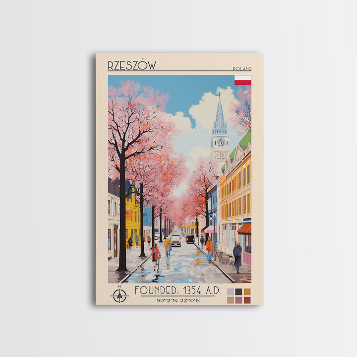 Rzeszów Poland Travel Poster Framed Canvas Print, Midcentury Modern Art, Pop Art Wall Decor, Living Room Art, Bedroom Decoration