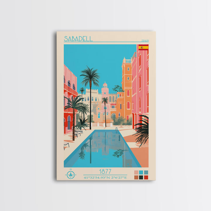Sabadell Spain Travel Poster Framed Canvas Print, Midcentury Modern Art, Pop Art Wall Decor, Home Decor, Vacation Gift, Office Art