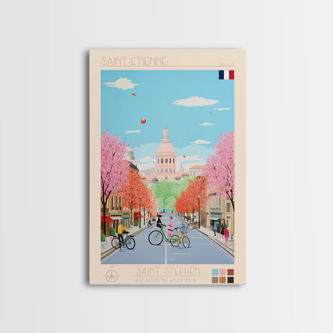Saint-Étienne France Travel Poster Framed Canvas Print, Midcentury Modern Art, Pop Art Wall Decor, Living Room Art, Vacation Gift