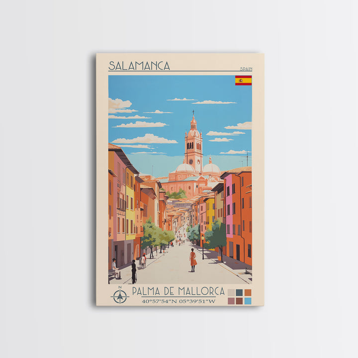 Salamanca Spain Travel Poster Framed Canvas Print, Midcentury Modern Art, Pop Art Wall Decor, Scenic Wall Art, Bedroom Decoration