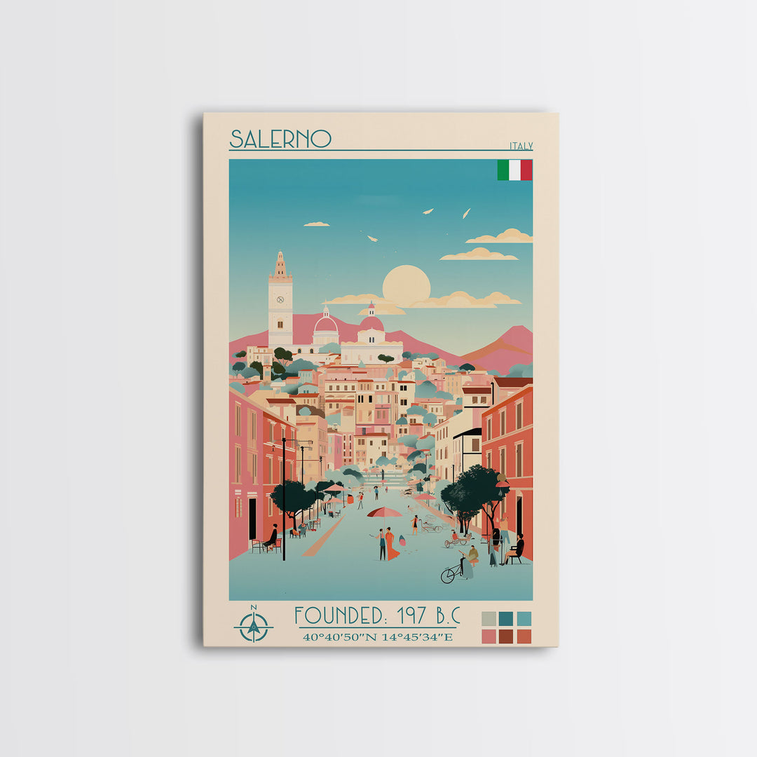 Salerno Italy Travel Poster Framed Canvas Print, Midcentury Modern Art, Pop Art Wall Decor, Home Decor, Office Gift, Living Room Art