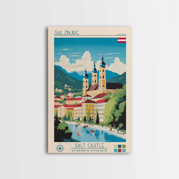 Salzburg Austria Travel Poster Framed Canvas Print, Midcentury Modern Art, Pop Art Wall Decor, Scenic Wall Art, Bedroom Art