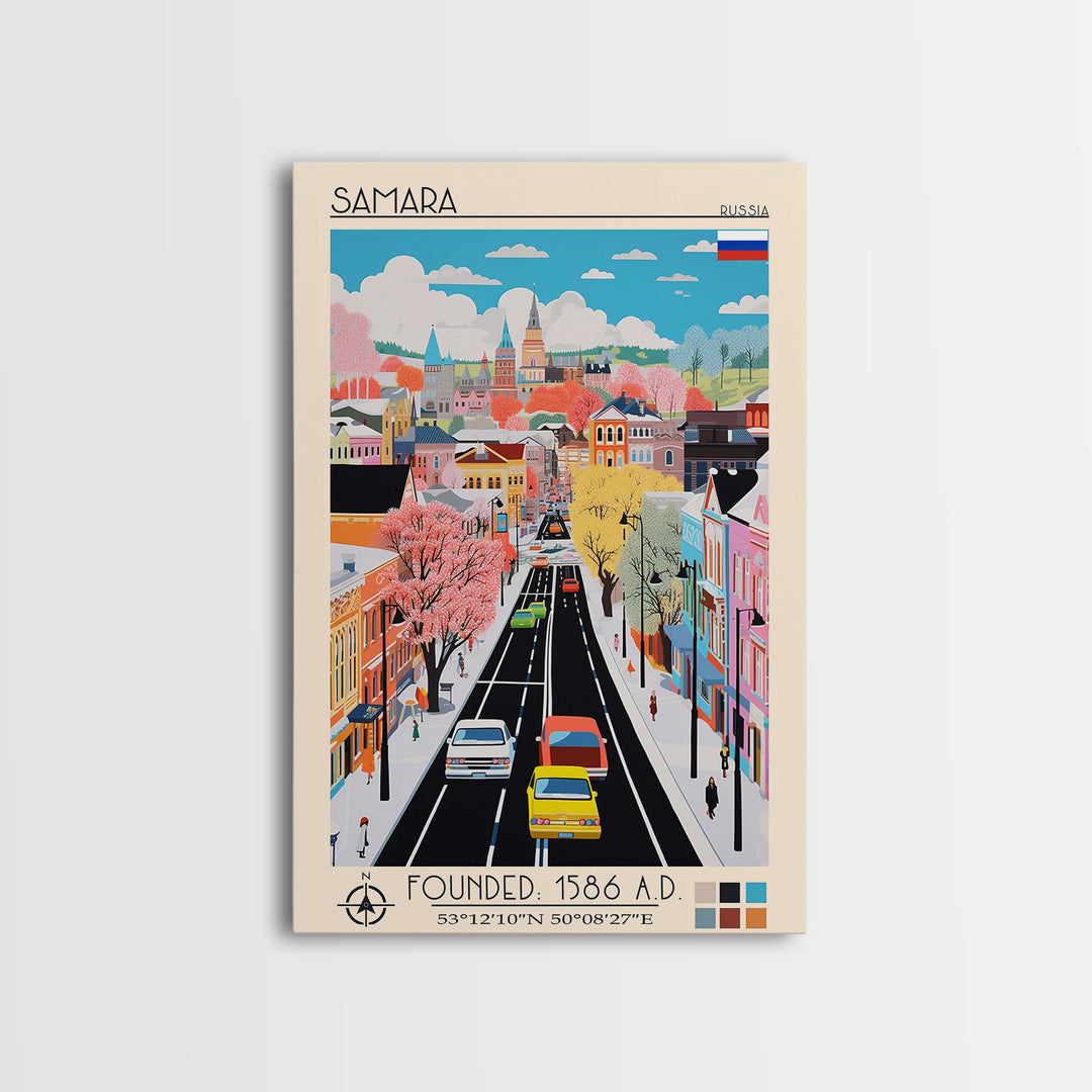 Samara Russia Travel Poster Framed Canvas Print, Midcentury Modern Art, Pop Art Wall Decor, Home Decor, Office Decoration, Scenic Art